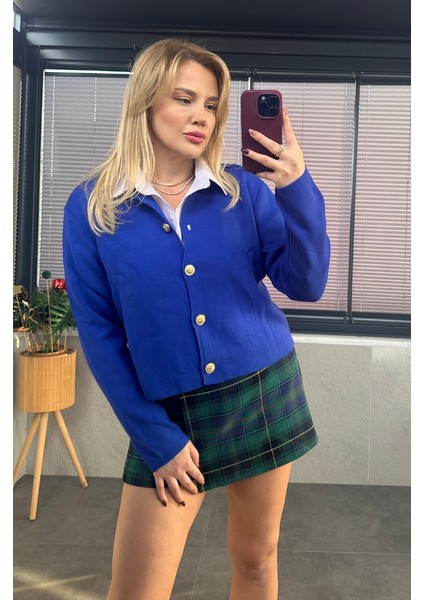 Saks Mavi Gold Düğmeli Hırka