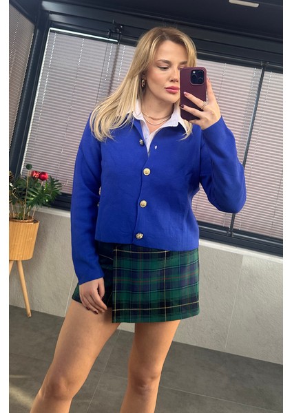 Saks Mavi Gold Düğmeli Hırka