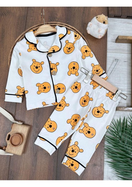 %100 Pamuk Yumuşak Doku Ayıcık Baskılı Mevsimlik Bebek ve Çocuk Pijama Takımı