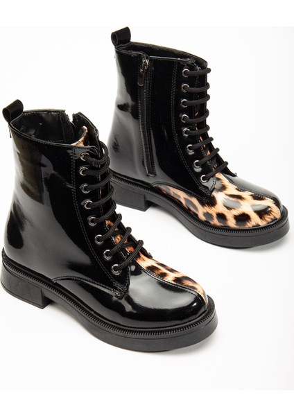 Siyah Rugan Leopar Bağcıklı Fermuarlı Günlük Kadın Bot