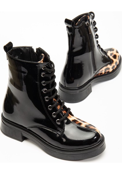 Siyah Rugan Leopar Bağcıklı Fermuarlı Günlük Kadın Bot fiyatları