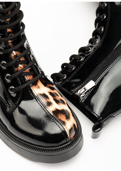 Siyah Rugan Leopar Bağcıklı Fermuarlı Günlük Kadın Bot modelleri