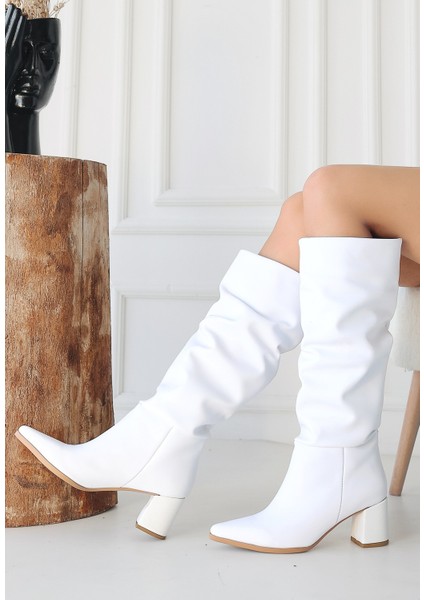 Pitay Beyaz Cilt Topuklu Çizme modelleri