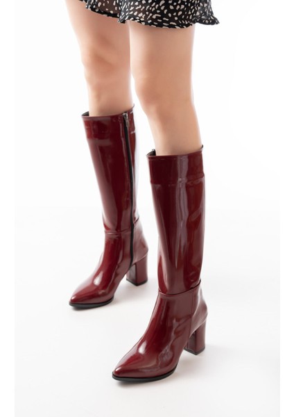 Bordo Rugan Topuklu Kadın Çizme modelleri