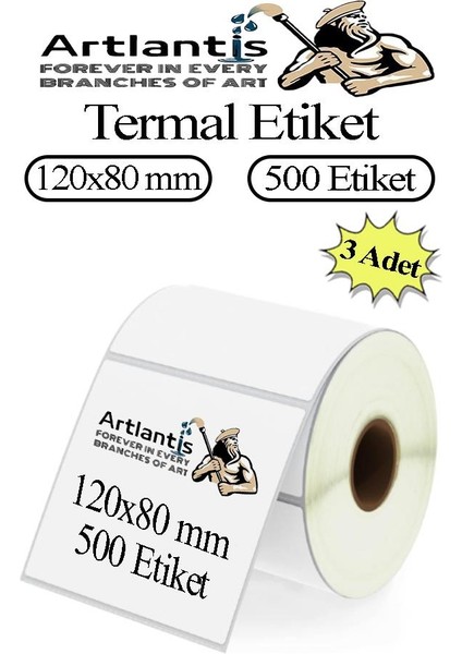 120X80 mm Barkod Etiketi Yapışkanlı 3 Adet Rulo Etiket Termal Barkot Terazi Etiketi 500 Lü Barkod Yazıcılara Uyumludur