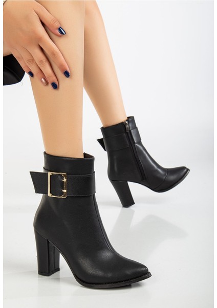 Anna Eva Siyah Cilt Sivri Burunlu Fermuarlı Kalın Topuklu Bot fırsatları