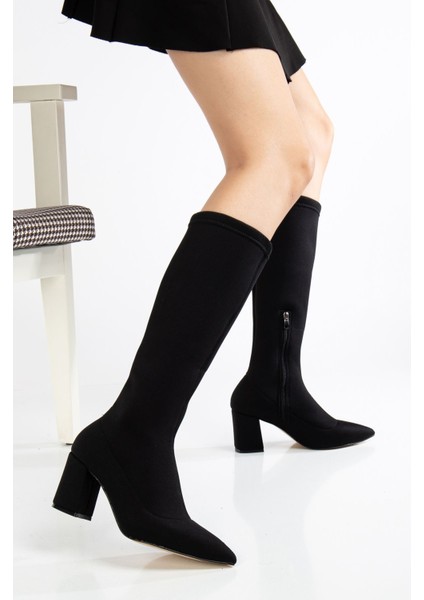 Sezar Kadın Siyah Streç Kalın Topuklu Fermuarlı Çizme