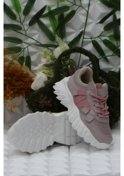 Cool Verom Pudra Bağcık Görünümlü Cırtlı Sneaker Çocuk Ayakkabı
