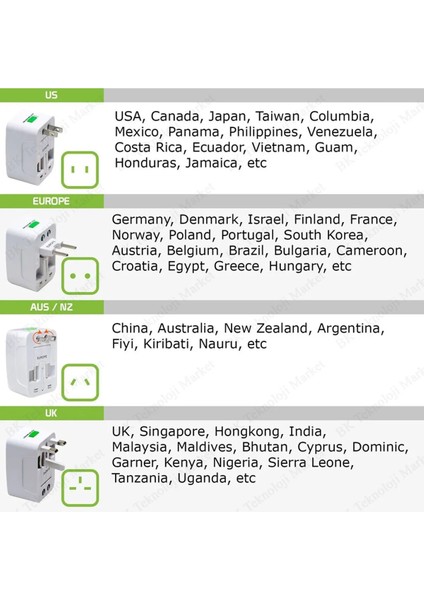 Priz Çevirici Dönüştürücü Seyahat Adaptörü Fiş Amerikan Ing Japon Çin S.arabistan Universal 5 Adet