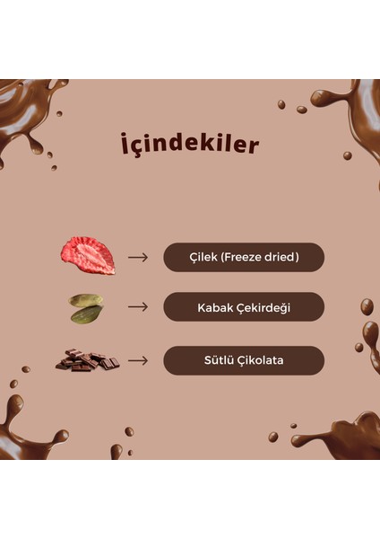 Sütlü Kuvertür Çikolata Kabak Çekirdeği İnci (Şeker) ve Çilek (Freeze Dried) İçeren Meyveli Lüks Kuvertür Çikolata 115gr