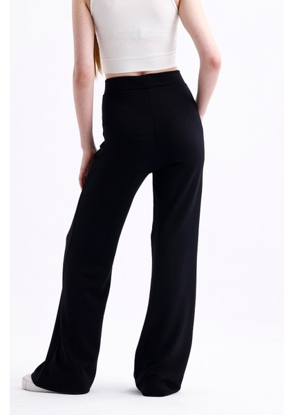 Kadın Siyah Önü Nervürlü Geniş Kalıp Bol Paça Modal Kumaş Yüksek Bel Toparlayıcı Pantolon Tayt modelleri