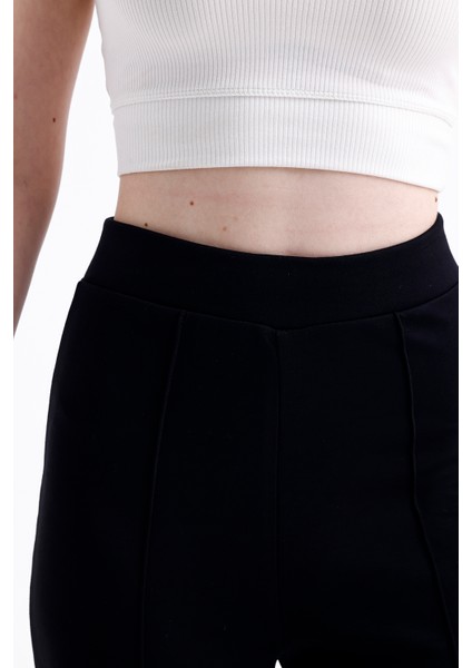 Kadın Siyah Önü Nervürlü Geniş Kalıp Bol Paça Modal Kumaş Yüksek Bel Toparlayıcı Pantolon Tayt fırsatları