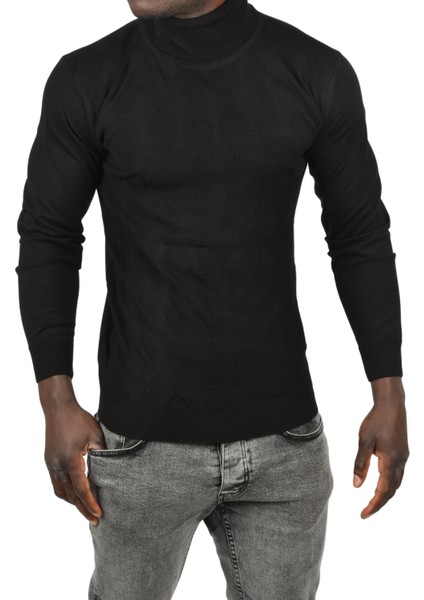 Slim Fit Baklava Desenli Tam Balıkçı Yaka Boğazlı Triko Balıkçı Yaka Kazak 2505507
