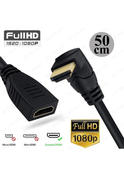 HDMI Uzatma Kablosu 90 Derece Açı Erkek Dişi Adaptör Tvler Dizüstü Bilgisayarlar Için L Tipi 50CM