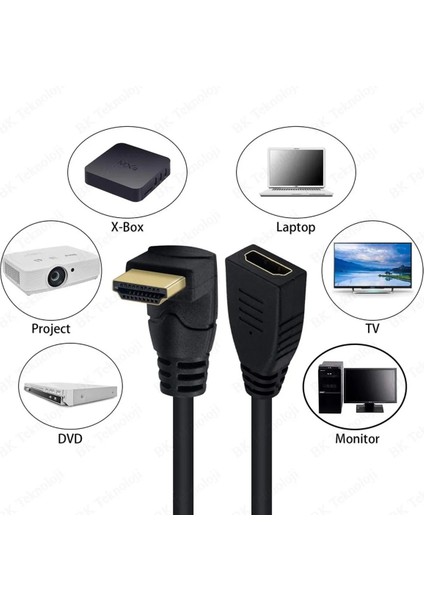 HDMI Uzatma Kablosu 90 Derece Açı Erkek Dişi Adaptör Tvler Dizüstü Bilgisayarlar Için L Tipi 50CM