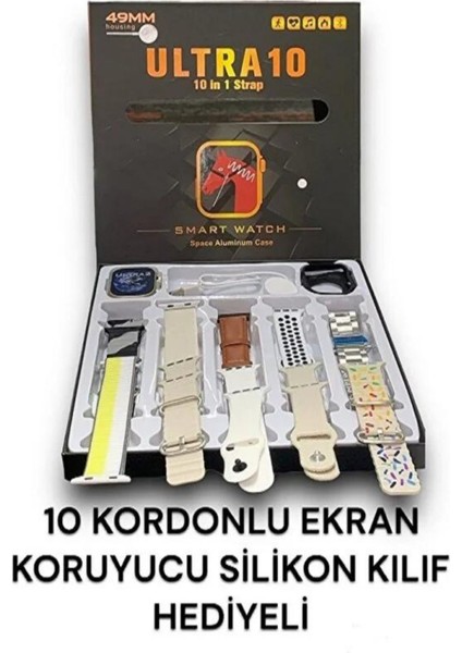 Ultra 10 Watch 49MM 10 In 1 Edition 10 Kordon + Silikon Koruyucu Kablosuz Şarj Özellikli Akıllı Saat