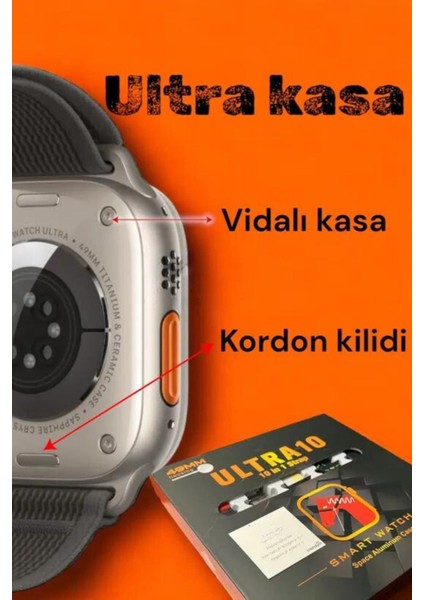 Ultra 10 Watch 49MM 10 In 1 Edition 10 Kordon + Silikon Koruyucu Kablosuz Şarj Özellikli Akıllı Saat