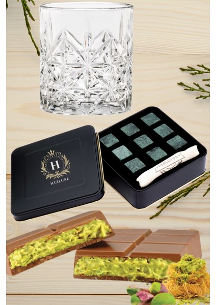 Htzluxe 9’lu Yeşil Mermer Viski Taşı, Metal Kutulu, Dubai Çikolatası Viski Bardağı Hediye Seti Soğutma Taşı