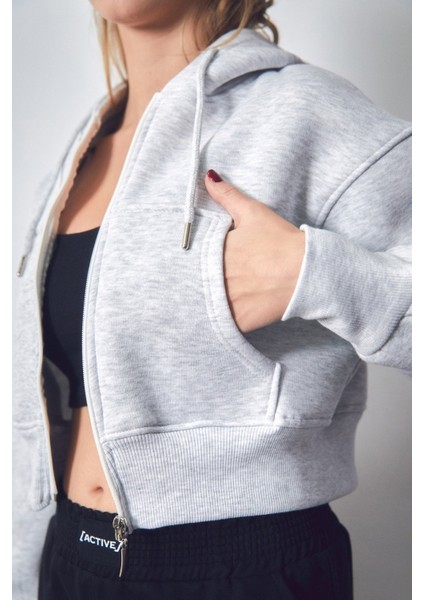 3 Iplik Basic Kapüşonlu Crop Sweatshirt Hoodie