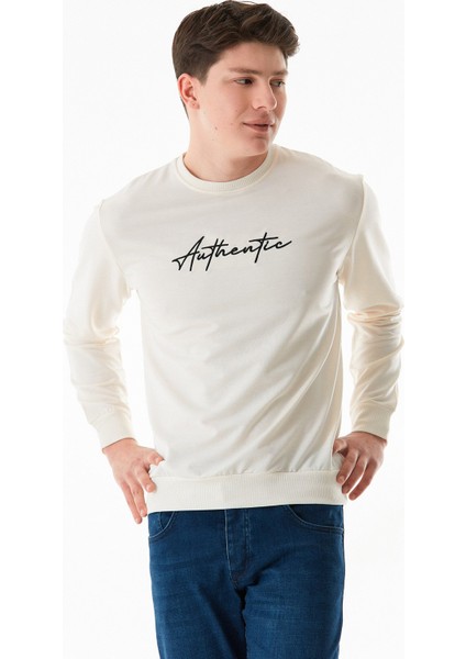 Yazı Nakışlı Bisiklet Yaka Sweatshirt
