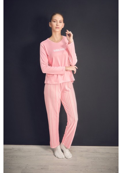Yazı Baskılı Bisiklet Yaka 2 Li Pijama Takımı