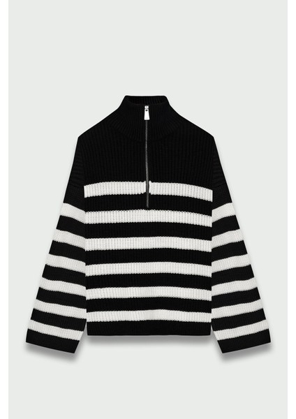 Yarım Balıkçı Fermuarlı Kazak Siyah