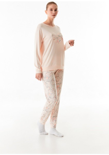 Tavşan Nakışlı Bisiklet Yaka 2 Li Pijama Takımı indirimleri