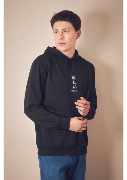 Lonely Yazı Baskılı Kapüşonlu Kanguru Cepli Sweatshirt