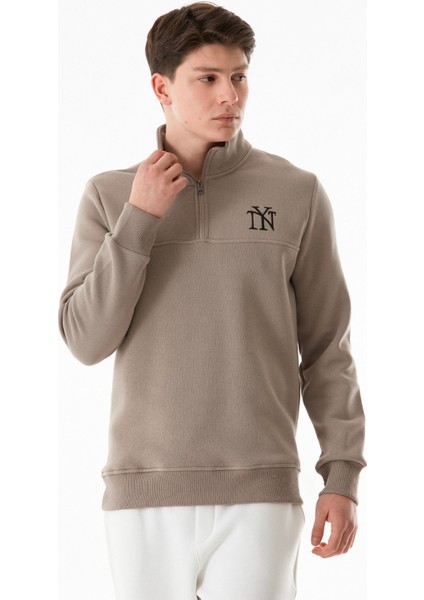 Ny Nakışlı Yarım Fermuarlı Dik Yaka Sweatshirt