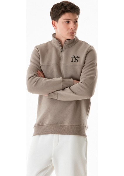 Ny Nakışlı Yarım Fermuarlı Dik Yaka Sweatshirt