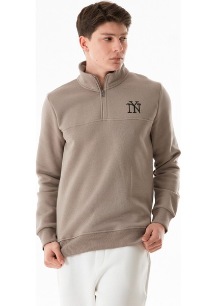 Ny Nakışlı Yarım Fermuarlı Dik Yaka Sweatshirt