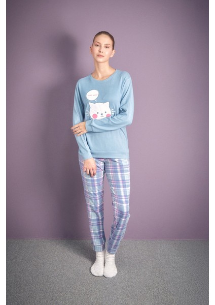 Kedi Nakışlı Bisiklet Yaka 2 Li Pijama Takımı