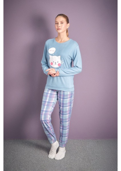 Kedi Nakışlı Bisiklet Yaka 2 Li Pijama Takımı modelleri