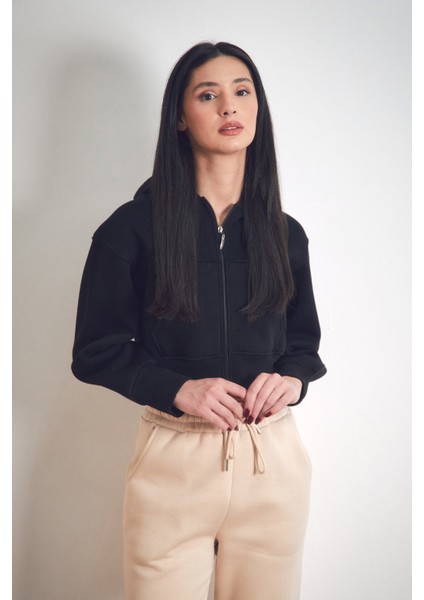 3 Iplik Basic Kapüşonlu Crop Sweatshirt Hoodie
