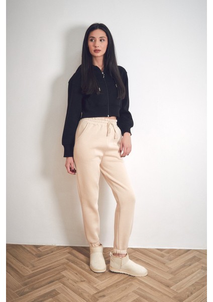 3 Iplik Basic Kapüşonlu Crop Sweatshirt Hoodie