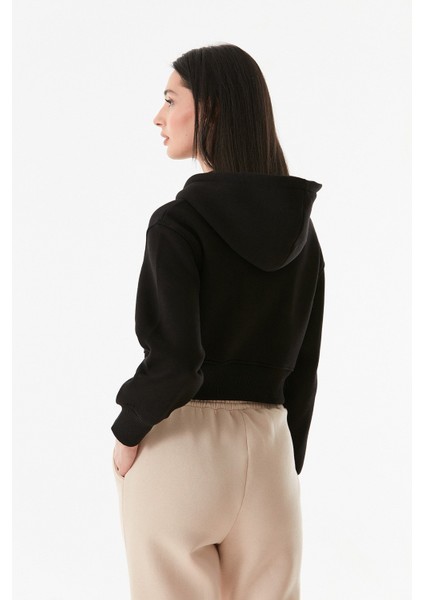3 Iplik Basic Kapüşonlu Crop Sweatshirt Hoodie
