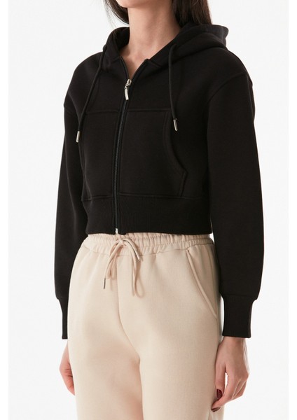 3 Iplik Basic Kapüşonlu Crop Sweatshirt Hoodie