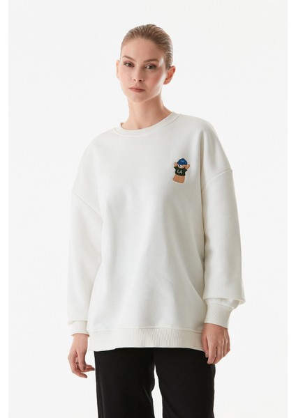 3 Iplik Ayıcık Nakışlı Bisiklet Yaka Oversize Sweatshirt