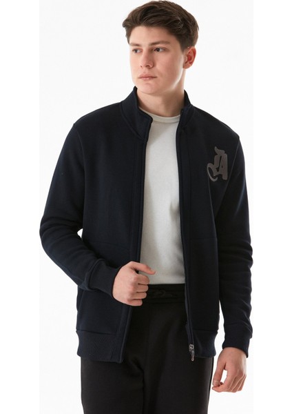 3 Iplik Harf Baskılı Fermuarlı Dik Yaka Sweatshirt