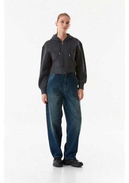3 Iplik Basic Kapüşonlu Crop Sweatshirt Hoodie