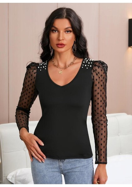 Aknbutik Kadın Uzun Kollu Omuz Inci Kollar Tül Detay Viskon Bluz