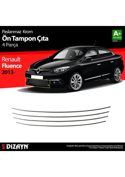 S-Dizayn Renault Fluence Krom Ön Tampon Çıtası 4 Prç. 2013-2016 Makyajlı