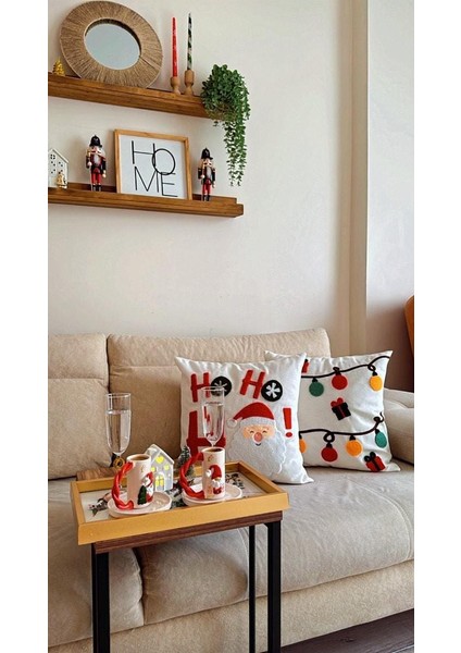 Yilbasina Özel HO HO HO ve Lambalı Dekoratif Punch Kırlent Yastık Kılıfı - 2 ADET