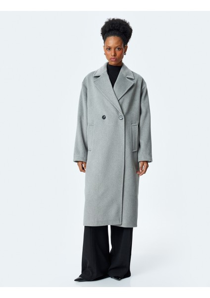 Kruvaze Düğmeli Cepli Uzun Oversize Kaban