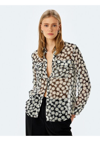 Uzun Kollu Cepli Yarı Transparan Oversize Çiçekli Gömlek
