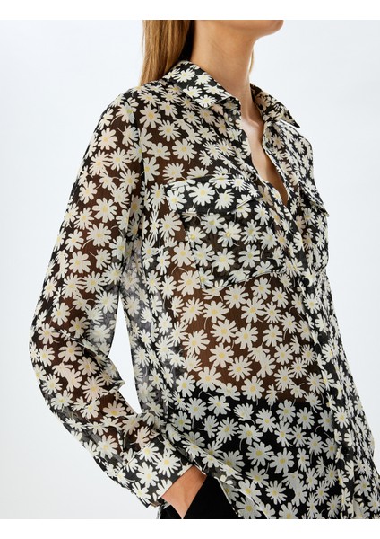 Uzun Kollu Cepli Yarı Transparan Oversize Çiçekli Gömlek indirimleri