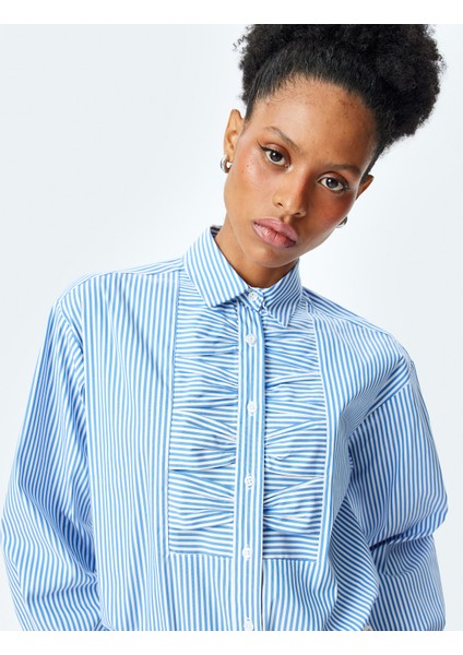 Klasik Yaka Uzun Kollu Fırfırlı Çizgili Gömlek