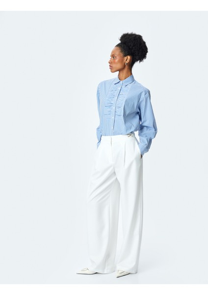 Klasik Yaka Uzun Kollu Fırfırlı Çizgili Gömlek fiyatları