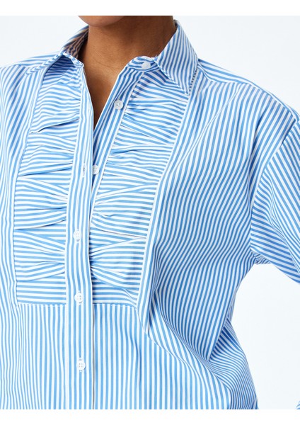 Klasik Yaka Uzun Kollu Fırfırlı Çizgili Gömlek indirimleri