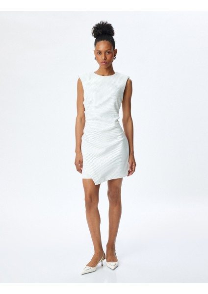 Drape Detaylı Kolsuz Kruvaze Çizgili Mini Elbise modelleri